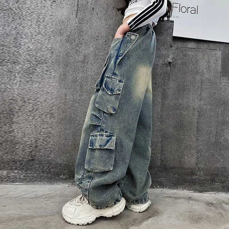 Cargo Jeans for Girls 2024 Spring Loose Casual Elastic Waist Teenage Children Wide Leg Pants Design Streetwear Kids TrousersT250326