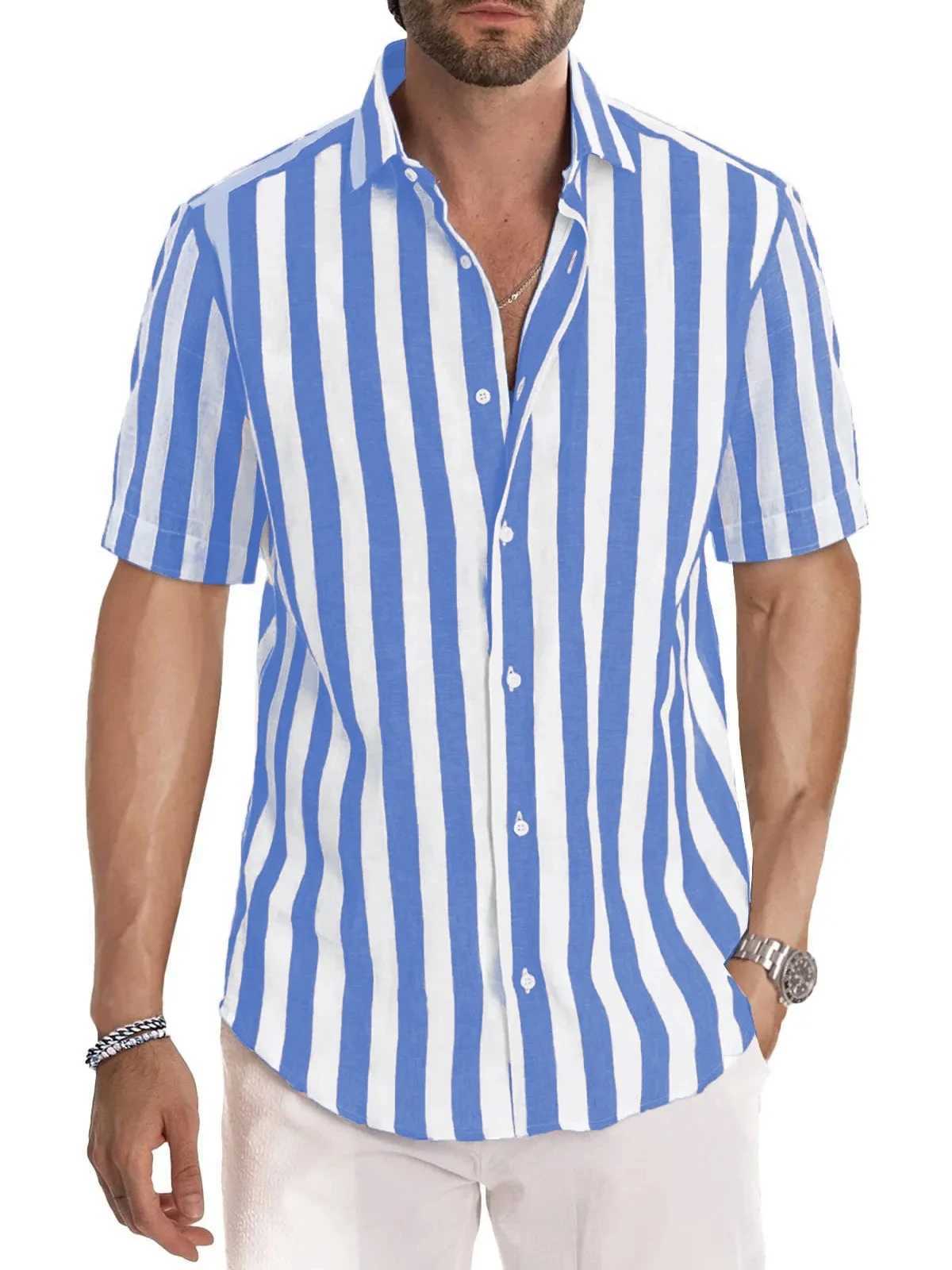 Mens Hawaiian striped shirt casual loose fit breathable beach party 3D M250320