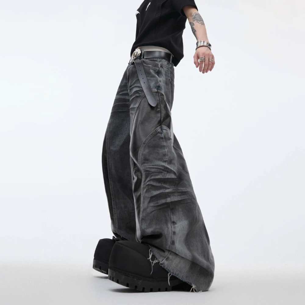 Mens jeans Pu leather splicing beard washing wilderness style casual pants streetwear fashion personality mens clothingT250319