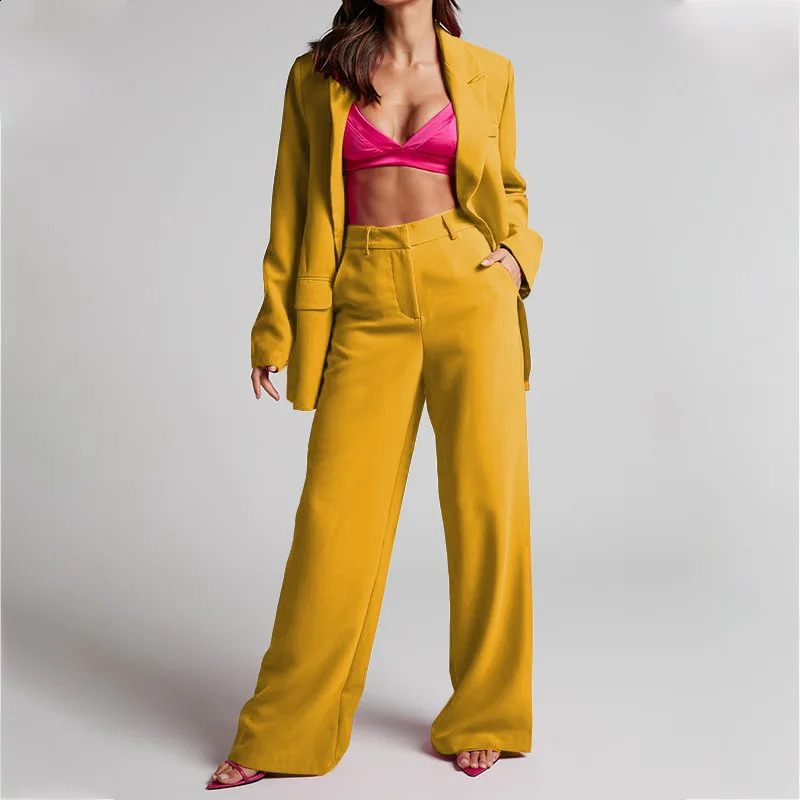 Fashion and casual womens jacket set elegant long pants solid twopiece office autumn winter clothing 250319