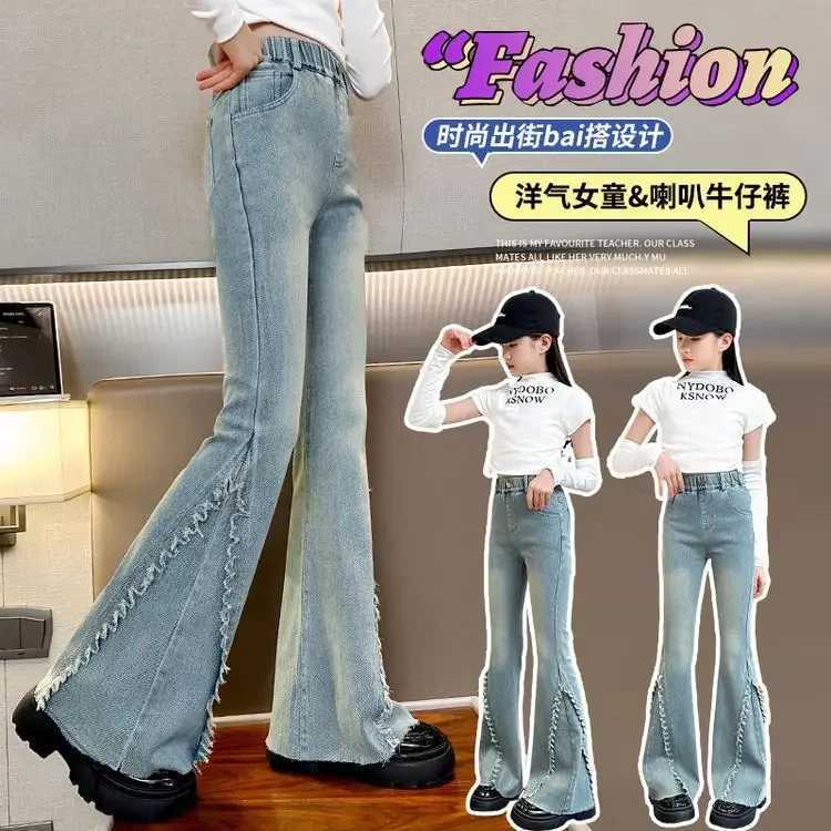 Cool Child Fashion Street Flare jeans with edges suitable for girls vintage blue boots cut denim Trouser teenage childrens casual jeansT250326