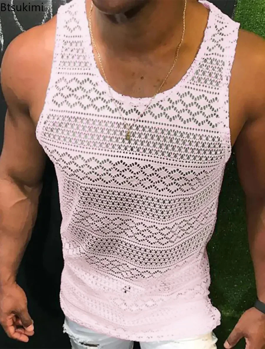 Summer Tank Top for Men Lace Hollow Out Sleeveless Shirts Mens Clothing Slim Fit Gym Clothes Workout Solid Vest Tops Male 250318