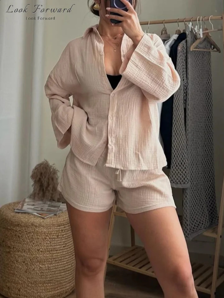 Casual Shirt Shorts Suit Women Spring Summer Buttons Blouses Lace up Above Knee Pants Set Lady Full Sleeve Sets Female Home Wear 250318