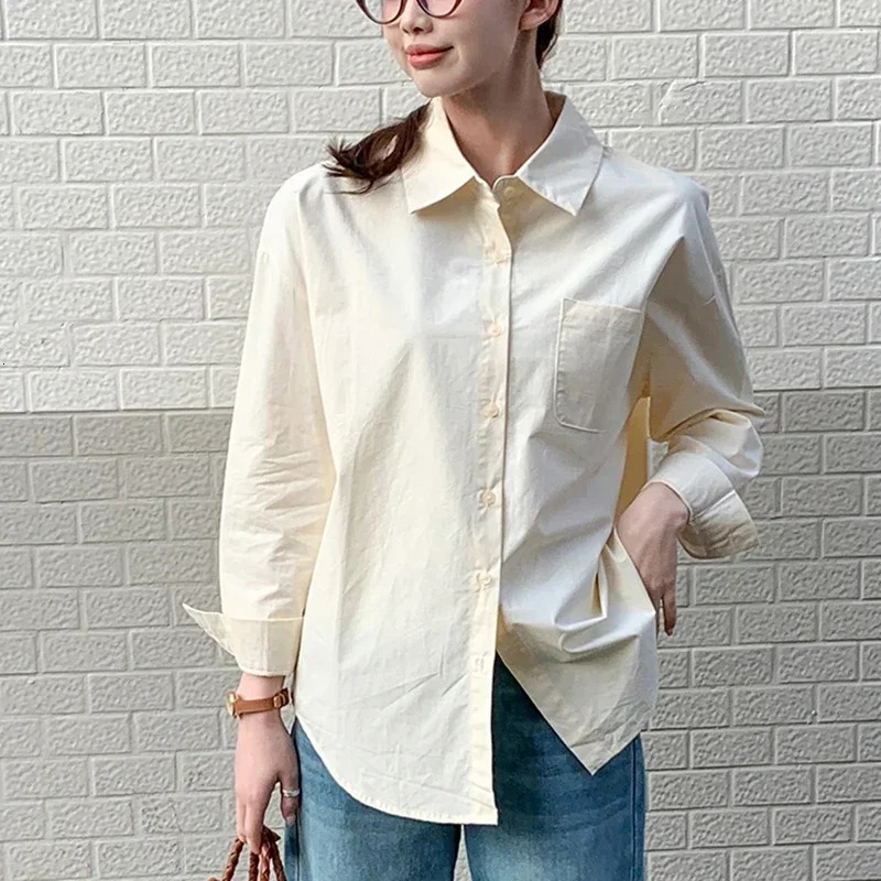 Women Spring Autumn Korean Cotton Blouse Fashion Clothes Loose Shirts Lady Casual Long Sleeve Turn-Down Collar Button Tops Mujer 250320