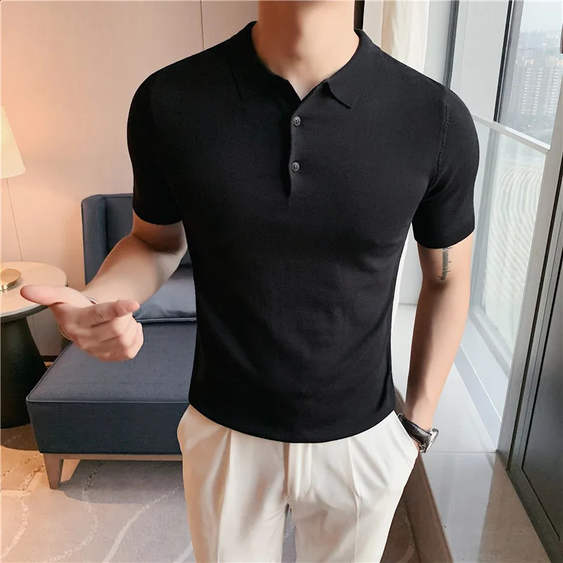 British style summer knitted polo shirt solid color slim fit elastic short sleeved mens business social polo streetwear 250317