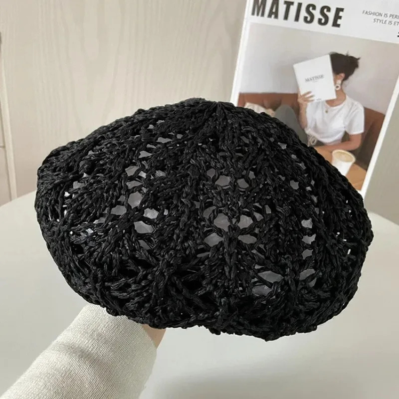 Women Handmade Crochet Beret Cap Solid Color Hollow Out Sweet Floral Weave Lady Leisure Vintage Slouchy Painter Hat 250320