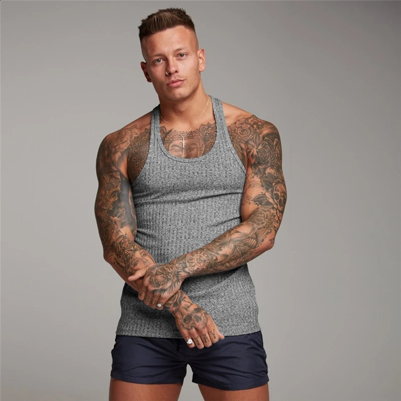 Pit striped knitted Y back fitness vest top mens bodybuilding pendant single sleeve slim fit muscle sleeveless sports shirt 250319