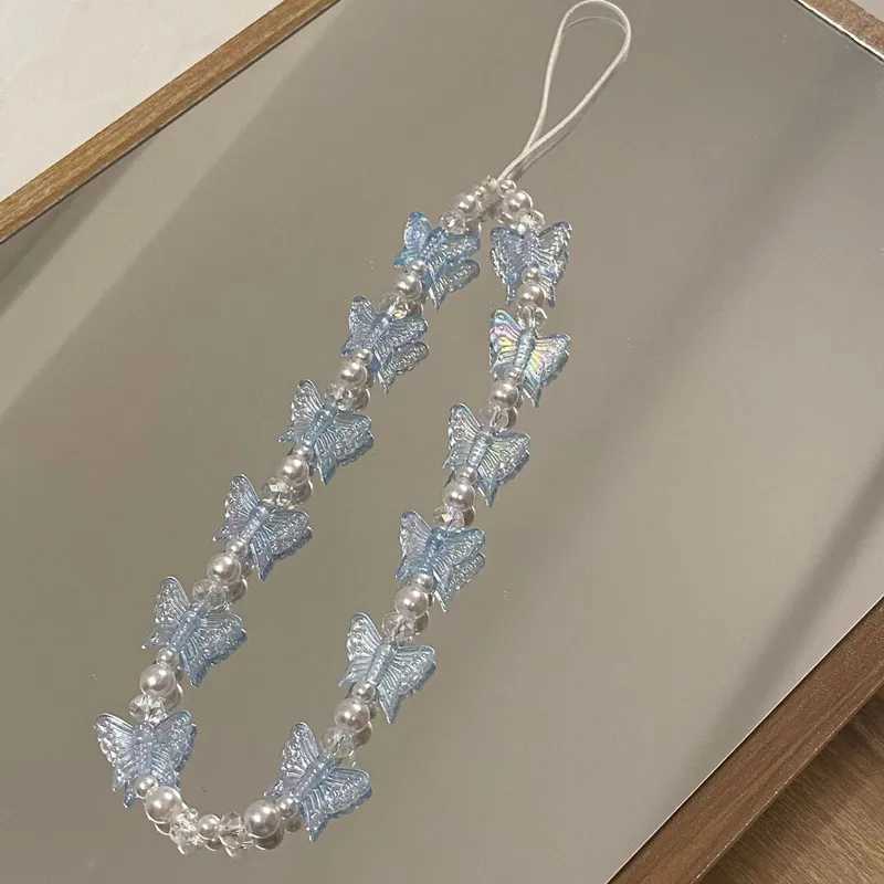 Phone Chain Colorful Butterfly Phone Keychain Tether Sweet Plastic Pearl Phone Strap Anti Loss AccessoriesXJ250319