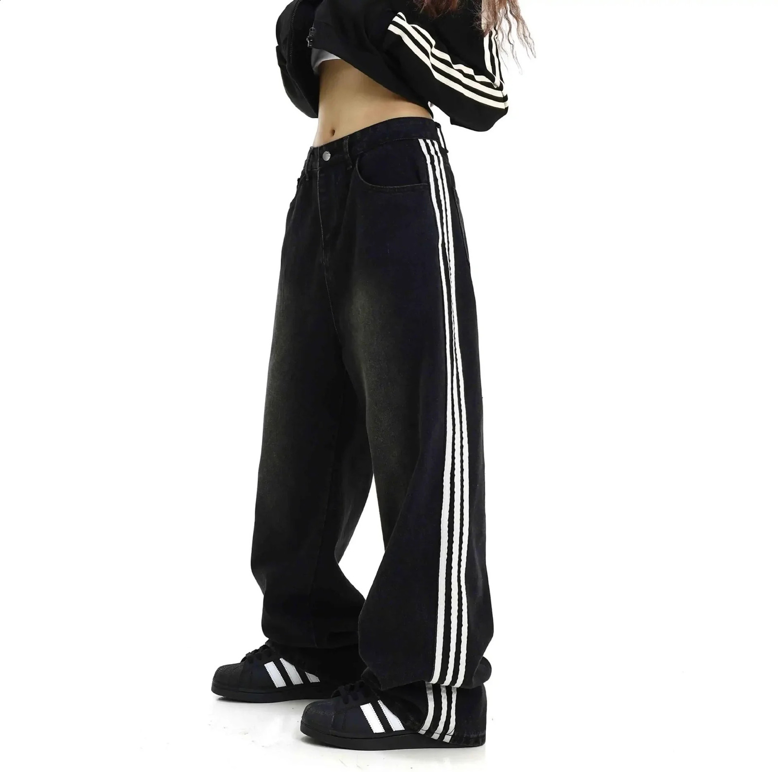 American Style Retro Striped Loose Fit Low Waist Slimming Long Jeans Women High Street Drag Floor Length Trendy Denim Pants 250319