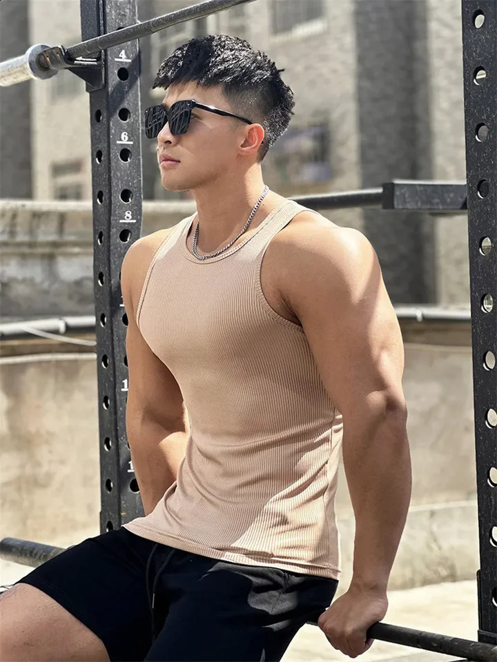Mens elastic striped round neck slim fit sleeveless Tshirt for sports fitness running training and vest 250319