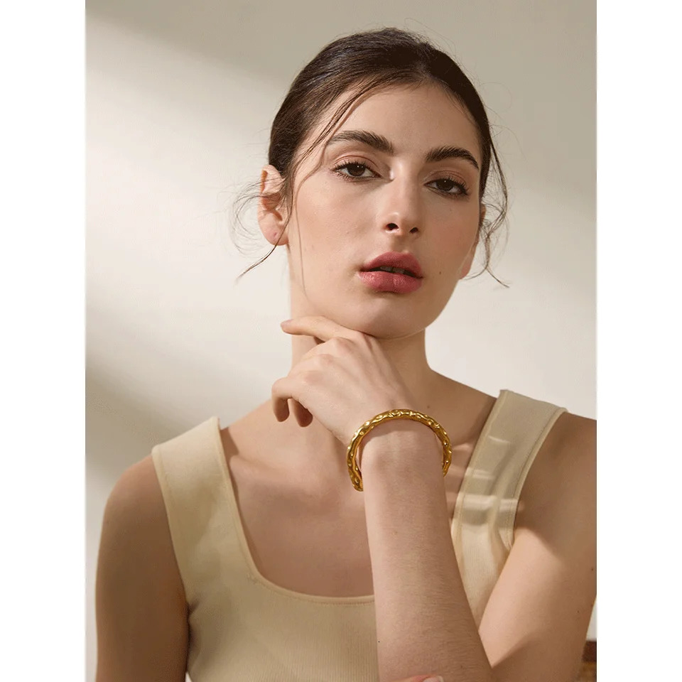 Yhpup Waterproof 316l Stainless Steel Metal Geometric Open Cuff Bracelet Bangle Statement Gold Color Texture Vintage Jewelry 250320