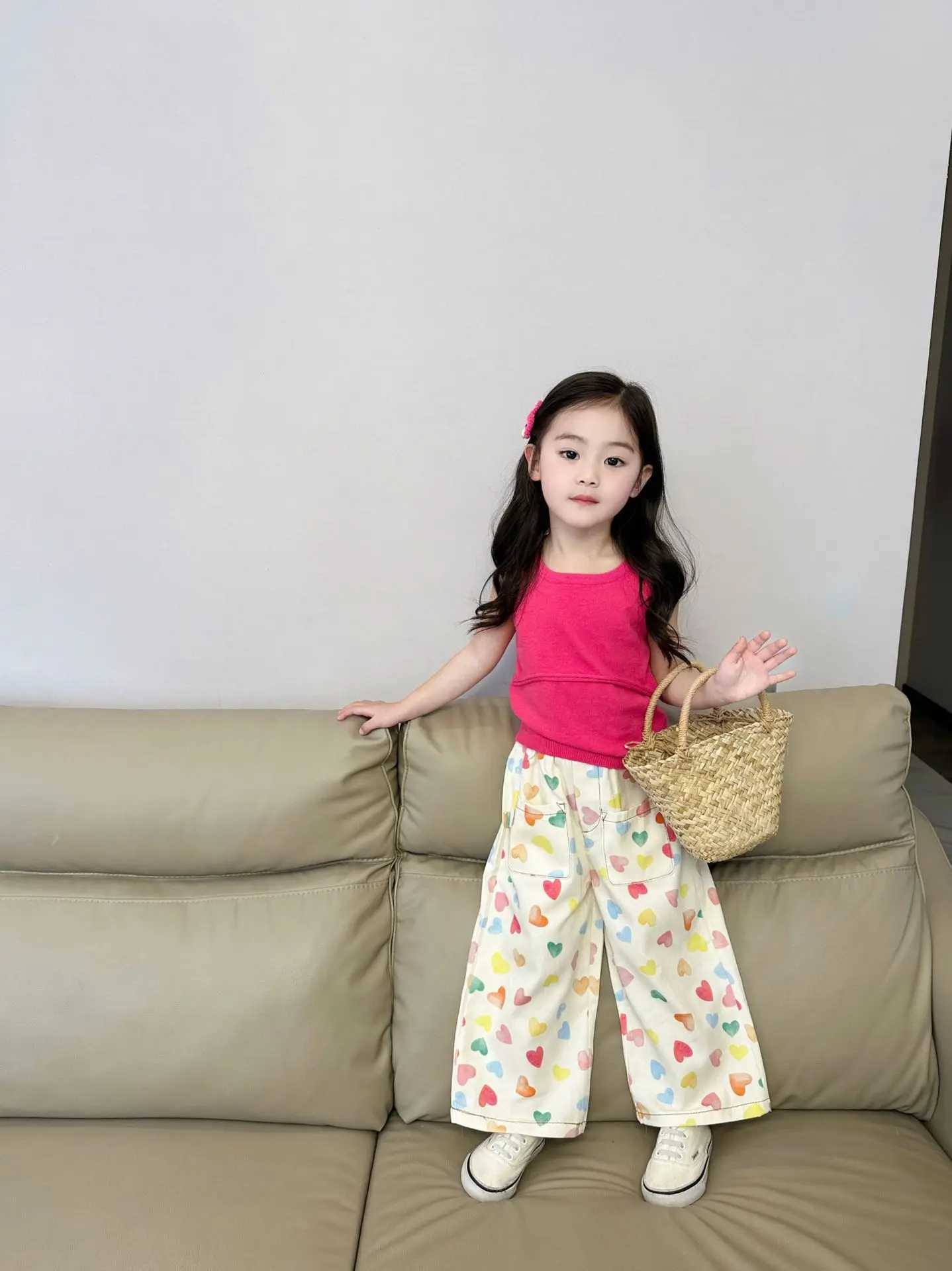 Interesting bear girl clothing childrens clothing childrens casual pants love printed style straight leg loose pants girls pantsT250326