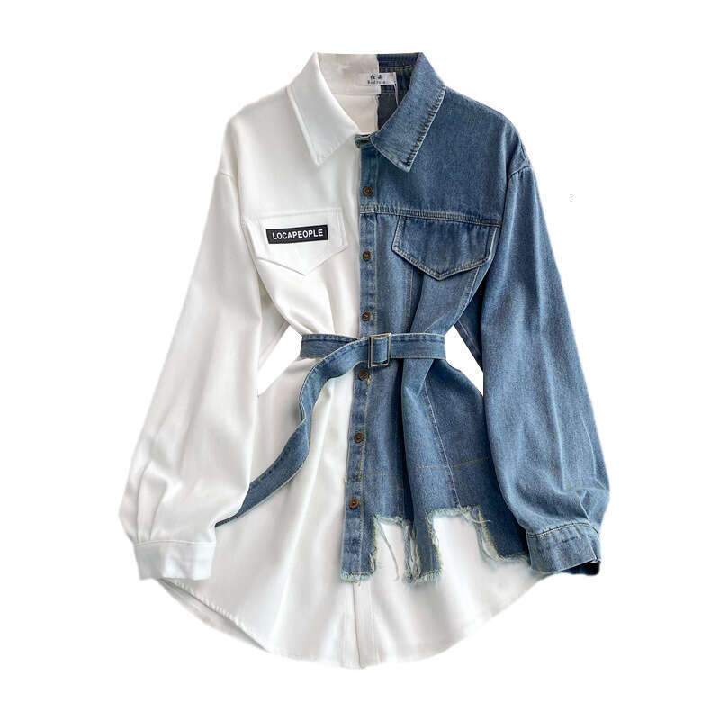 Designer Coat Women Denim Patchwork Lapel Dress for Spring and Autumn 2025 New Collection Waist Slimming Irregular Mid Length Shirt Autumn Dress Women