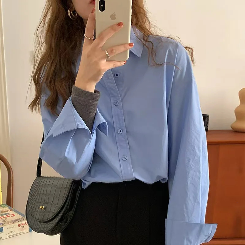 2025 Spring Casual Long Sleeve Women Blue Shirt Korea Style Solid Button Woman Crop Tops Blouse Simple Lady Daily Clothing 250320