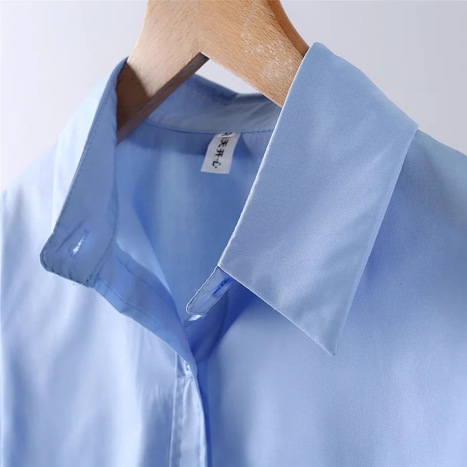 2025 Spring Casual Long Sleeve Women Blue Shirt Korea Style Solid Button Woman Crop Tops Blouse Simple Lady Daily Clothing 250320