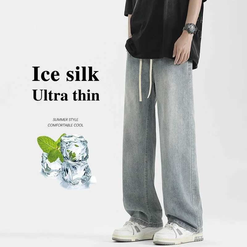 Summer thin mens loose jeans with wide legs fashionable Korean style brushed straight retro washed denim pants streetwear mens TrousersT250319