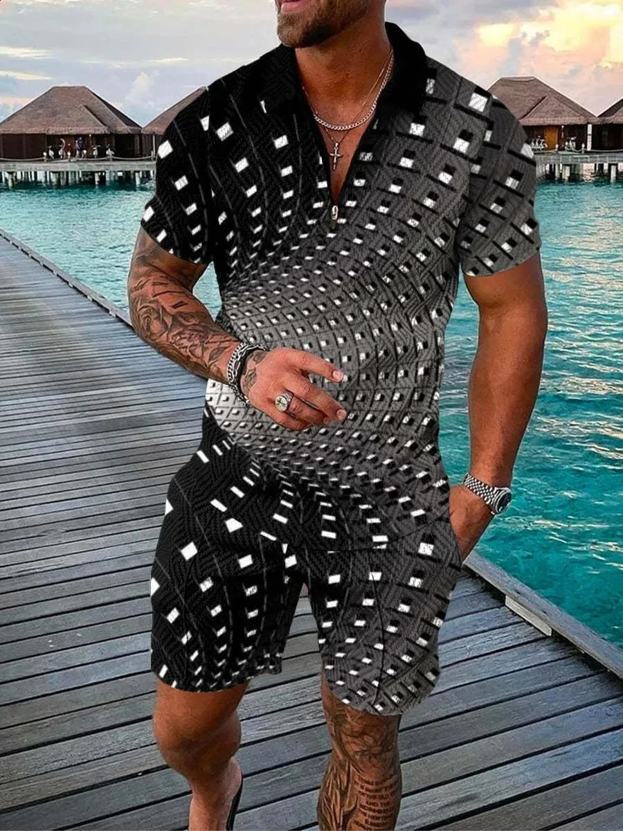 Abstract Pattern 3D Printed Polo Shirt 2-piece Zipper Collar Polo Set Zipper NecklaceShorts Hawaiian Holiday Style Mens Wear 250318