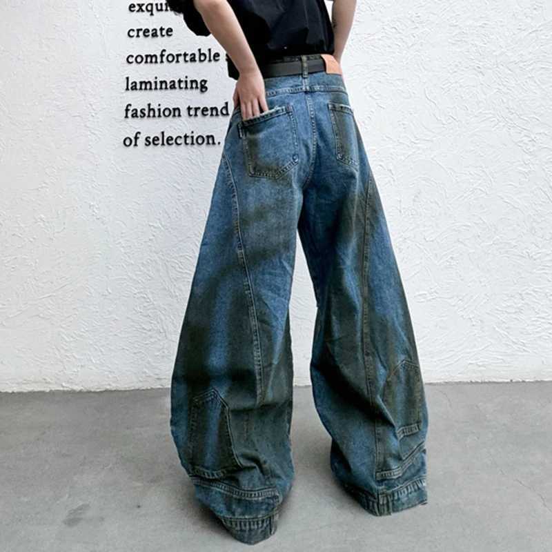 IEFB American Style Mens Jeans Dirty-dye Flip Design Wide Leg Pants High Street MenWear Male Denim Trousers New Stylish 9C7025T250319