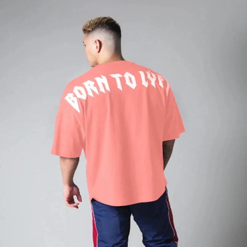 High quality gym T-shirt mens bodybuilding printed loose T-shirt sports T-shirt mens clothing cotton short sleeved sports shirt 250317