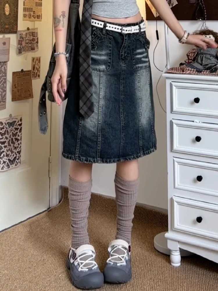 Summer womens Korean Midi denim Skirt Cyber Punk Gyaru Coquette 2000 retro Harajuku Gothic Japanese fashion Y2k streetwear newXJ250320