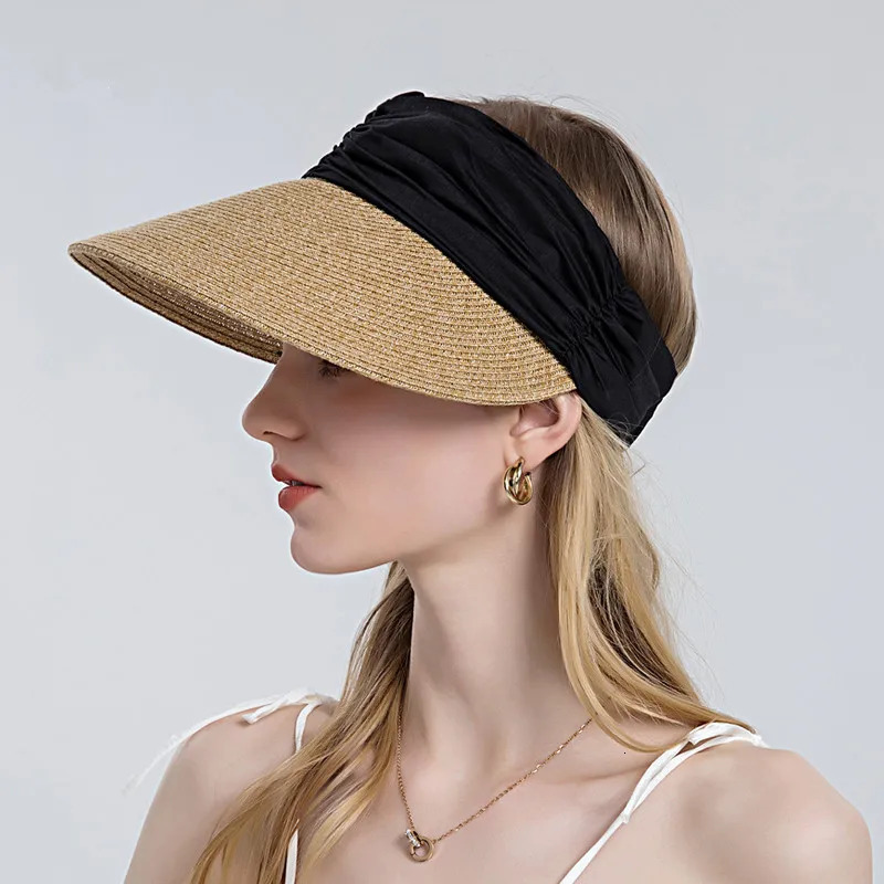 Summer Empty Top Straw Hat WIde Brim Soft Elastic Adjustable UV Protect Ponytail Beach Hats Foldable Lightweight Baseball Hat 250320