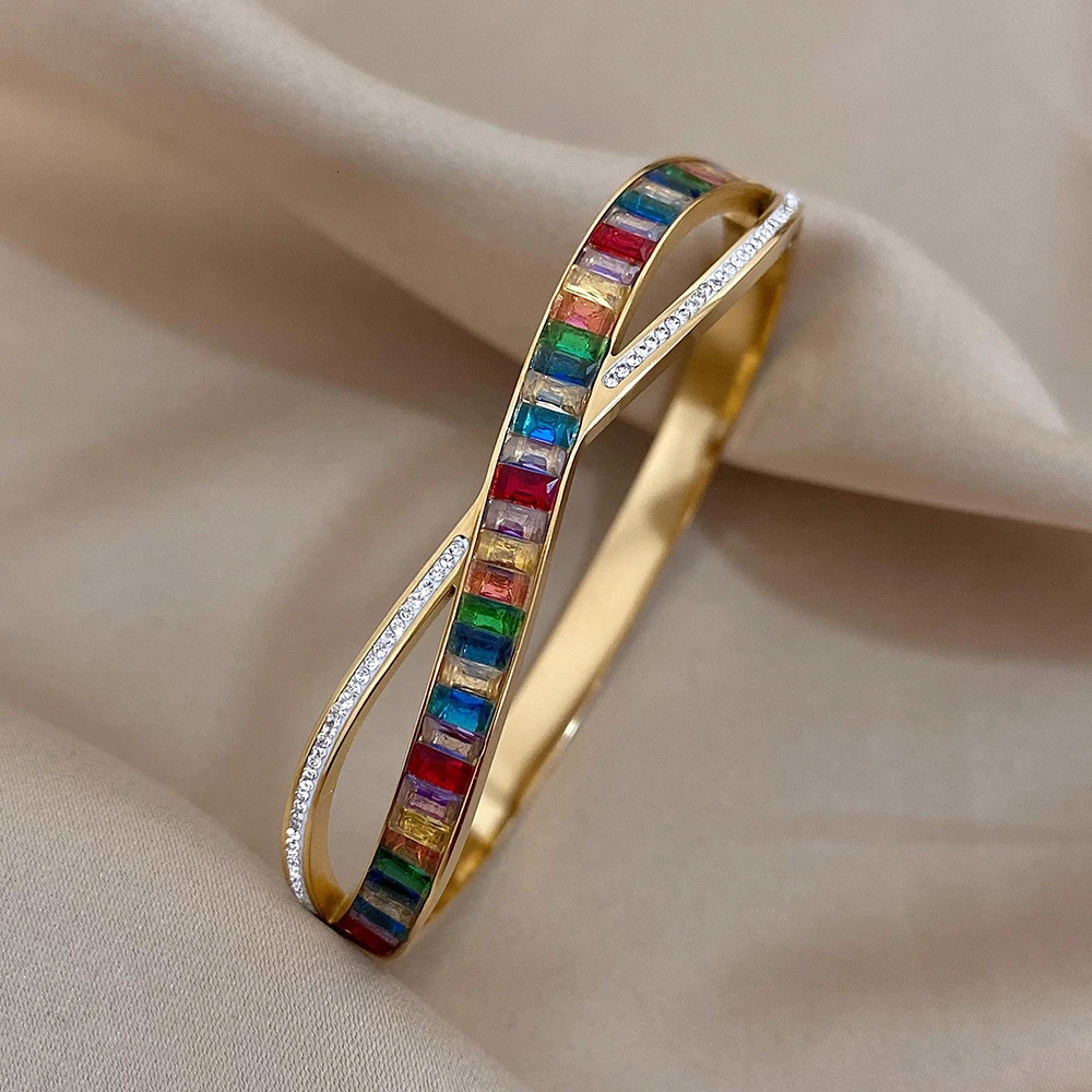 Greatera Exquisite Colorful Cubic Zirconia Rhinestone Intersect Stainless Steel Bangles Bracelets for Women Gold Plated Jewelry 250320