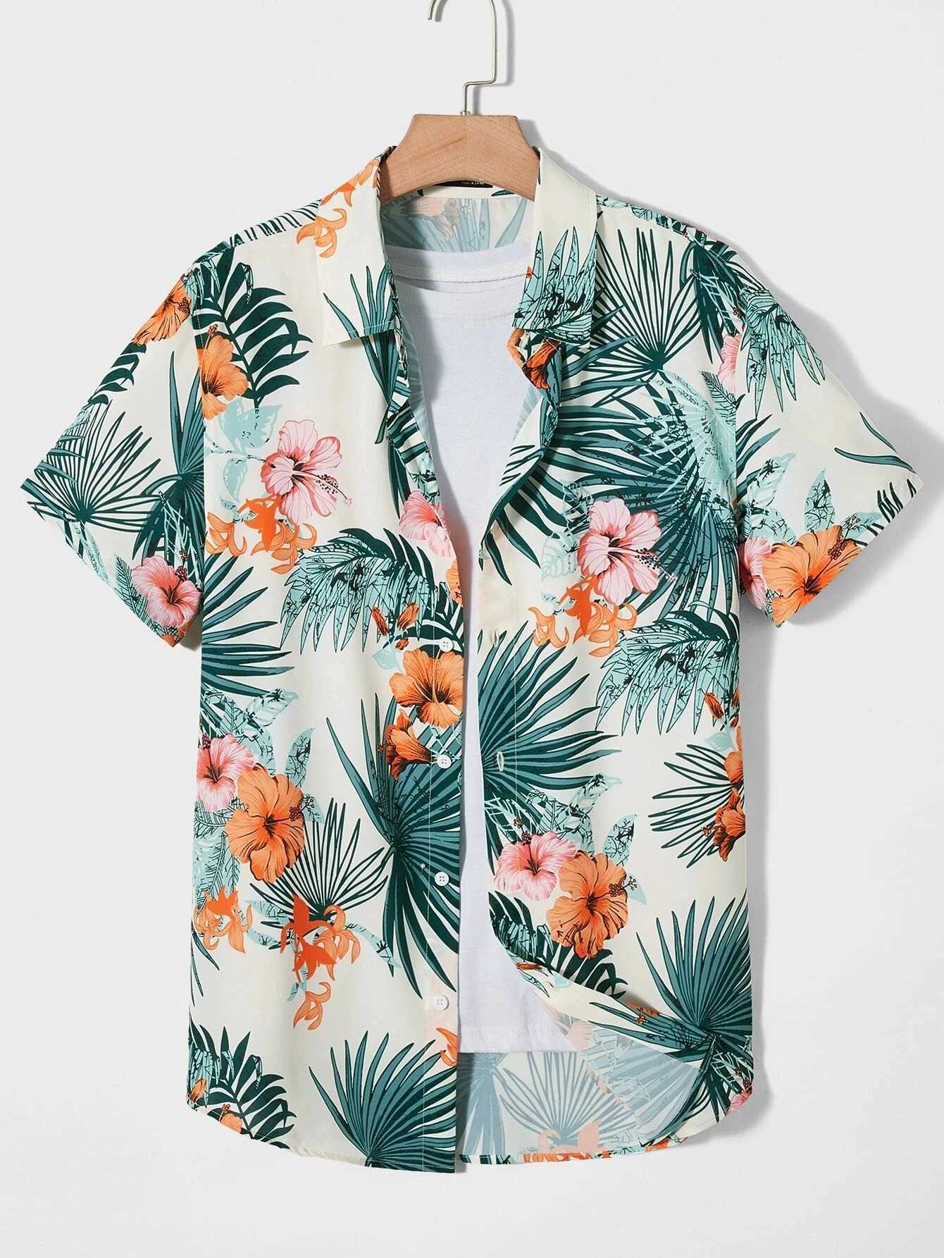 Hawaiian Botanical Flower Print Mens and Womens Short Sleeve Lapel Seaside Button-Down Shirt Top Casual Fashionable Shirts M250320