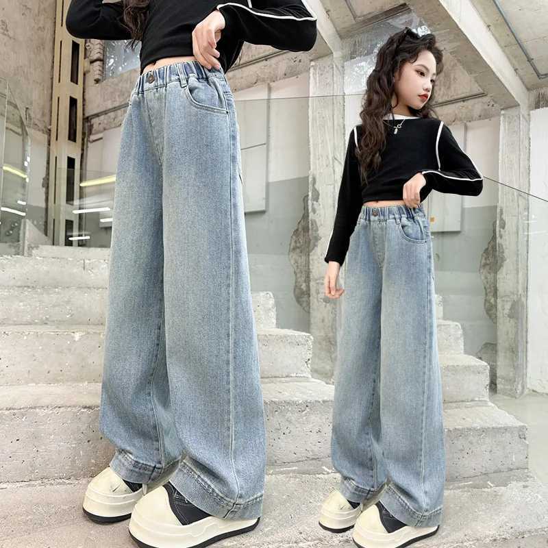Girls School Wide Leg Jeans Retro Splicing Design Casual Loose 2025 Childrens Fashion Pants Childrens Korean TrousersT250326