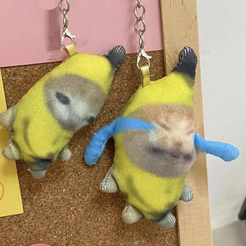 Funny Banana-Cat Plush Keychain - Cute Cry Face for Bags & Cars