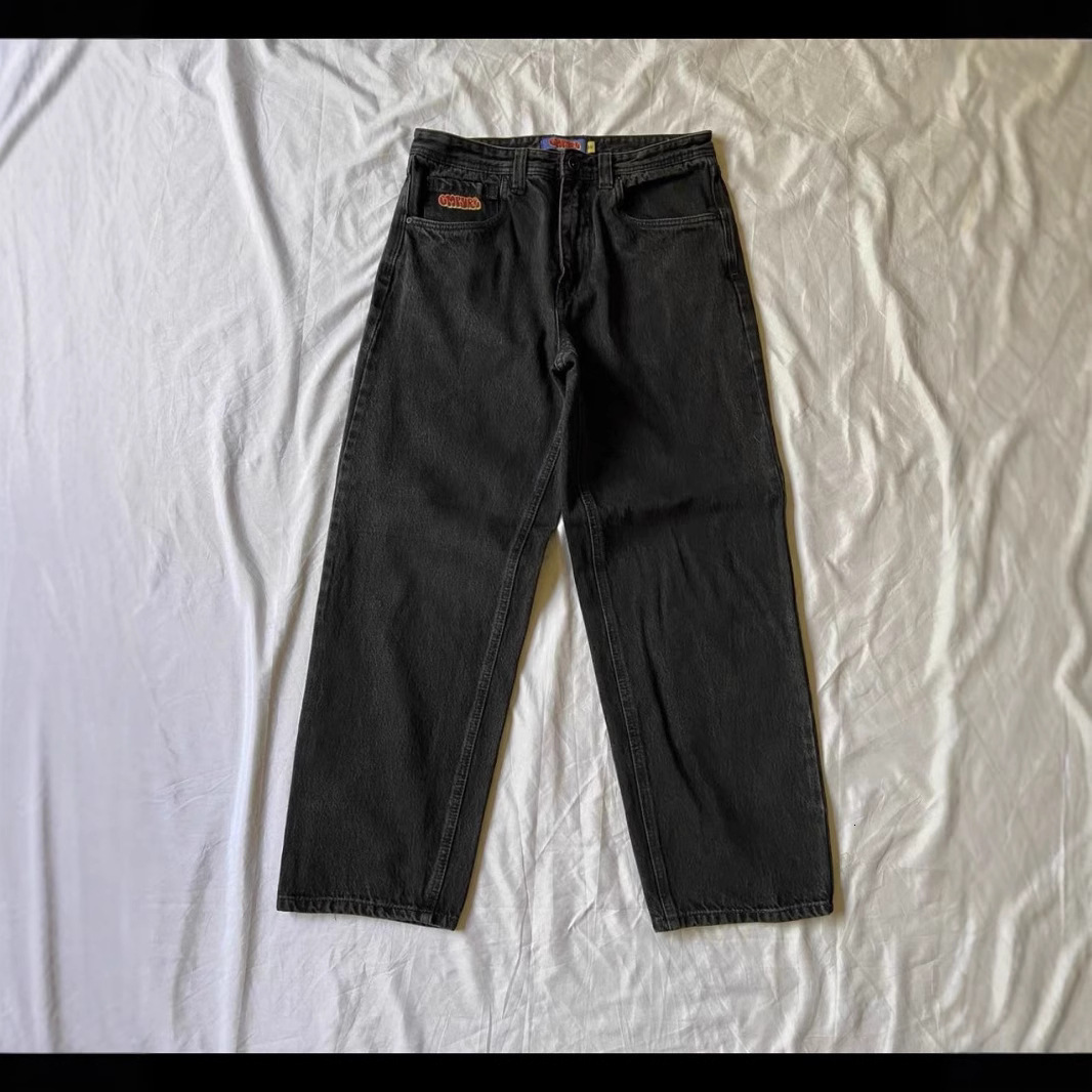 Men's Empire Cowboy Skateboard Solid Black Big Boy Jeans Embroidered Durable Straight Loose Pants