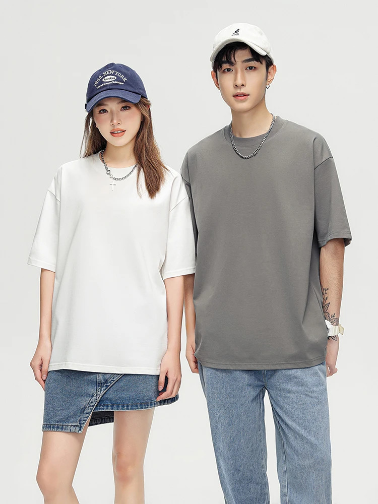 260G heavyduty cotton summer Tshirt mens Korean fashion short sleeved loose basic pure top oversized unisex 250320