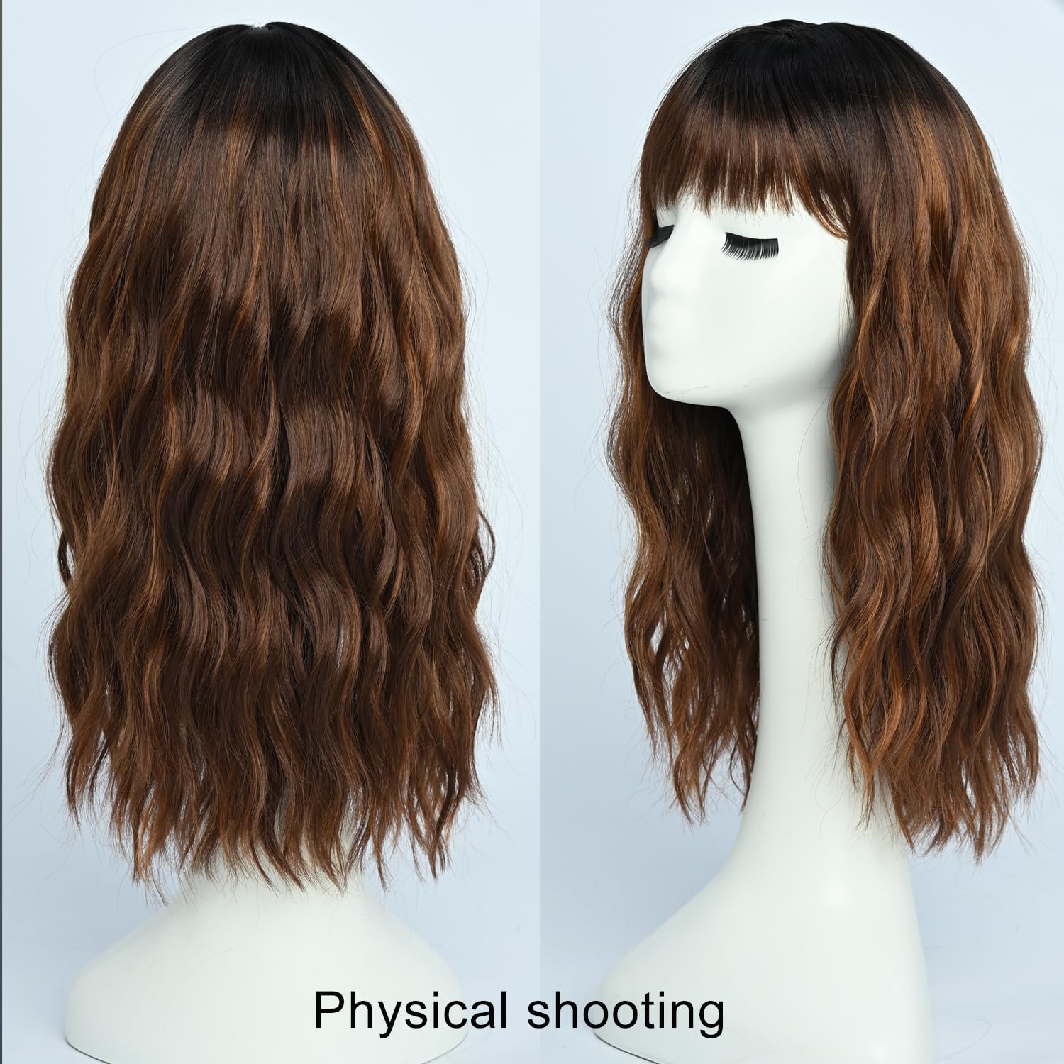 Blonde Highlight Wigs with Bangs for Women Synthetic 16inch Medium Length Wigs with Natural Long Wave Fringe Bang wig Heat Resistant Hair for Daily Pa