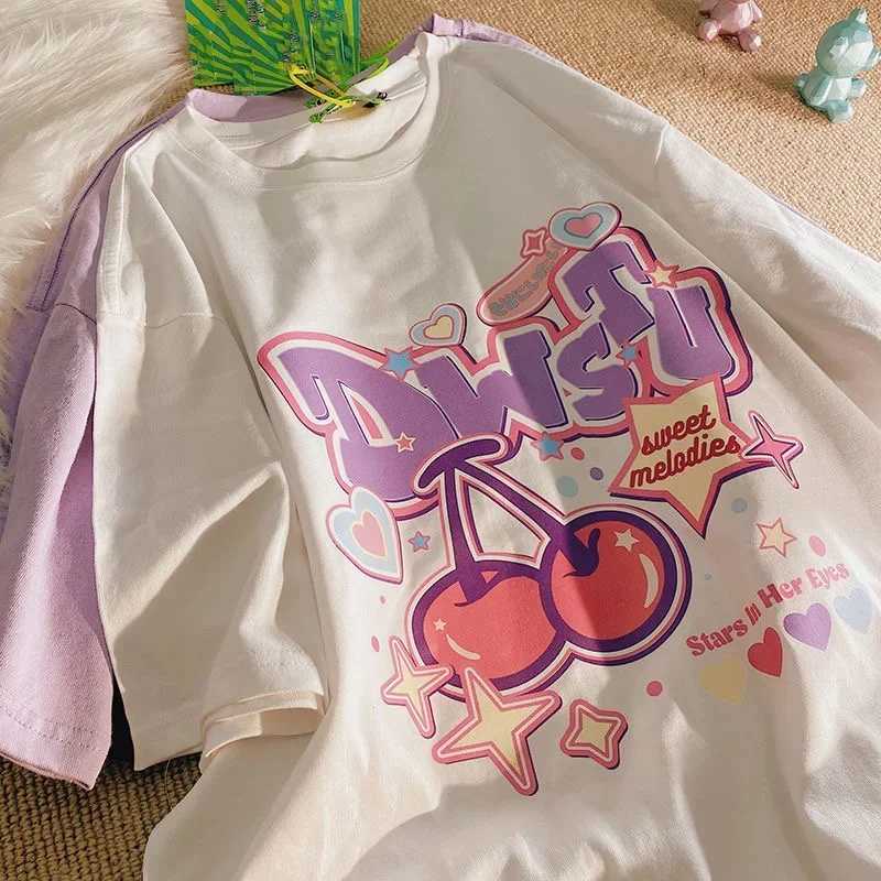 Women T Shirt Fruit Print Harajuku Tshirt Kawaii Loose Short Sleeve Cute Oversized Tee Clothes Y2k Top Anime Graphic T-shirtT250320