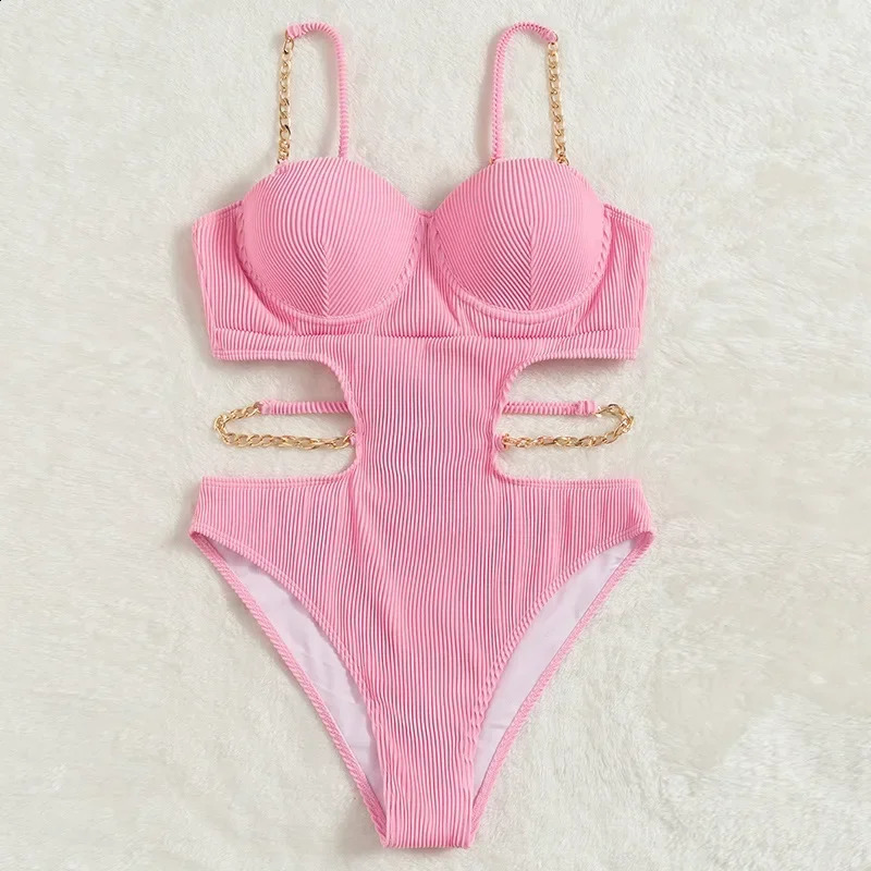 Sexy Push Up Underwire One Piece Swimsuit Women Solid Pink Metal Chain Hollow Out Ribbed Bathing Suit Backless Swimwear Monokini 250319