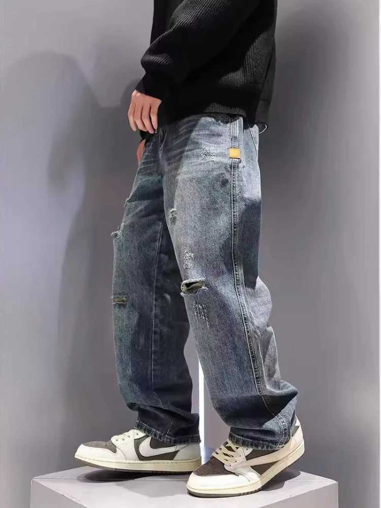 New mens open top jeans with pockets straight fashion retro blue denim pants personalized streetwear hip-hop high-quality mens trousersT250319