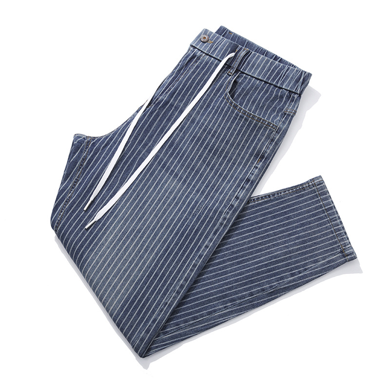 Plus Size 7XL Fashion Stripe Trend Jeans Men's Hip Hop Denim Pants Spring Summer Harem Trousers Men Elastic Waist Bottoms Blue XXXXXL