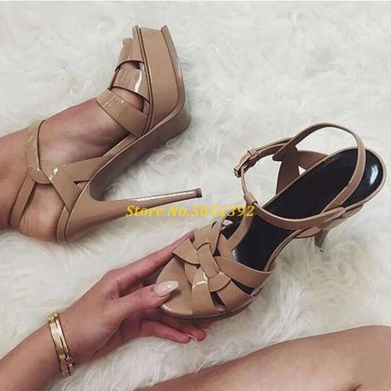 Candy Color Nude Black Patent Leather Cross Strappy Sandal Platform T-Bar High Stiletto Heels Ladies Dress Shoes Bride