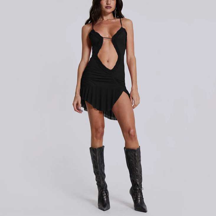 Spring Fashion Trendy Women's New Hanging Neck, Bareback Printed, Slimming Strap Dress 250315