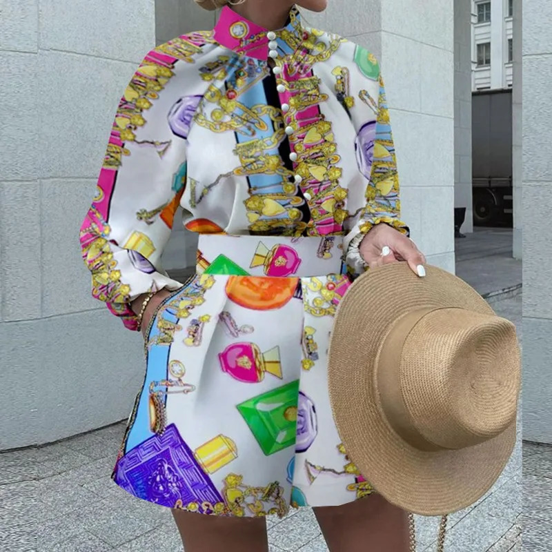 Vintage long sleeved shirt and shorts 2piece pocket set elegant office ladies autumn printed 250320