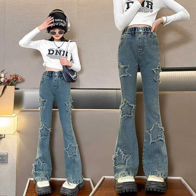 Spring and Autumn Teen Girls Jeans Children 5-14Y Star Design Flash Pants Childrens Retro High Waist Splicing Horseshoe TrouserT250326