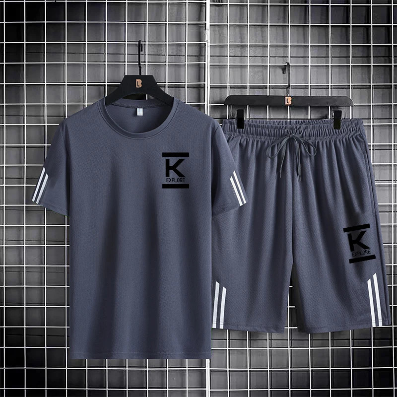 Trendy and fashionable mens sports suit short sleeved quick drying ice silk three bar mesh breathable running two-piece set 250320