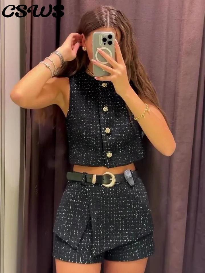Elegant tweed shorts set womens ultra-thin single chest O-neck vest high waisted shorts with belt fashionable womens clothing for spring 250318