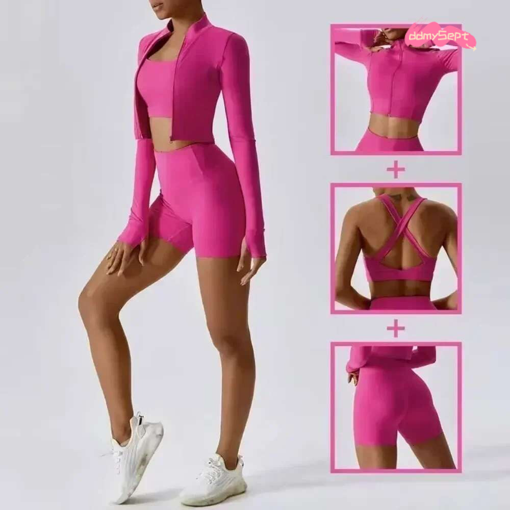 Women's 3-Piece Yoga Set with Bra Jacket Shorts Workout Outfit Naked Feel Fabric for Outdoor Fiess Gym Pilates Activewear ddmySept