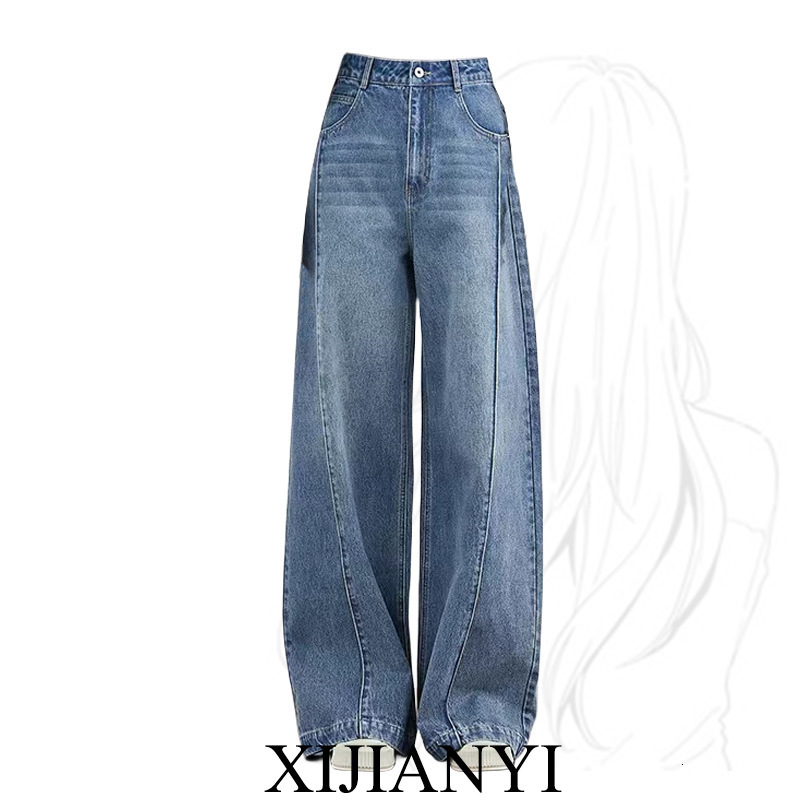 Blue high waisted wide leg jeans for women in spring and summer, size, plus millimeter, light color, casual, fashionable, straight leg, floor length p