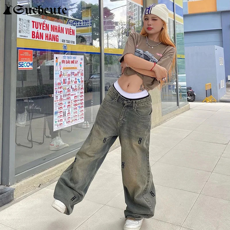 SUCHCUTE Print Kpop Streetwear Low Rise Baggy Jeans Korean Fashion Y2K Vintage Oversize Pants Denim Gyaru Harajuku Jeans 250319
