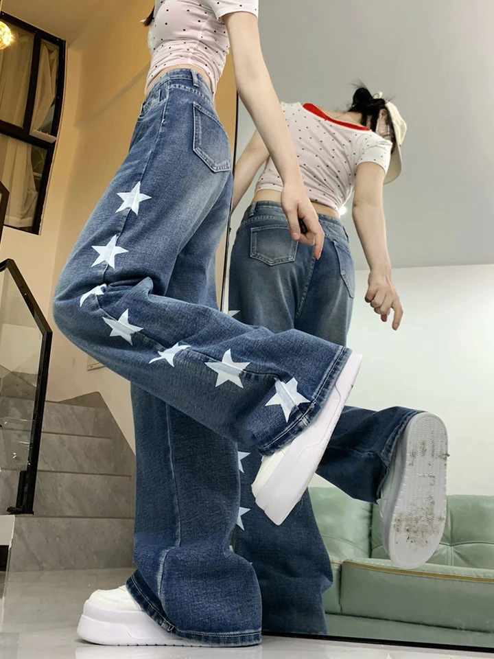 Zoki Cute Star Print Jeans Women Vintage High Waist Loose Denim Pants Preppy Style Japan Casual Female Kawaii Retro Trousers 250319