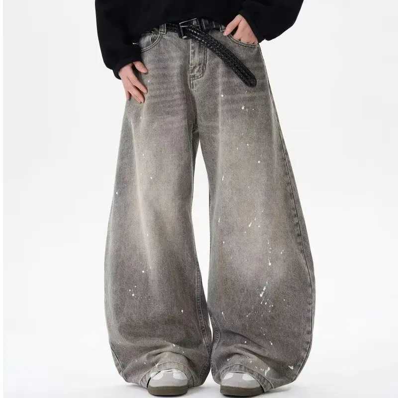 Spring and Autumn Retro Washed Vintage Grey Splash Ink Curved Knife Jeans for Men and Women Trendy Brand American Street Loose PT250319