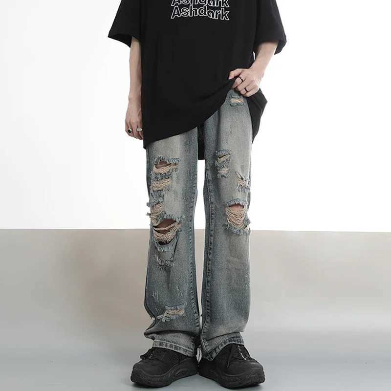 Mens Classic Baggy Straight Ripped Denim Pants Mens Fashion Cool Style Streetwear Jeans American Vintage Hip Pop Denim TrousersT250319