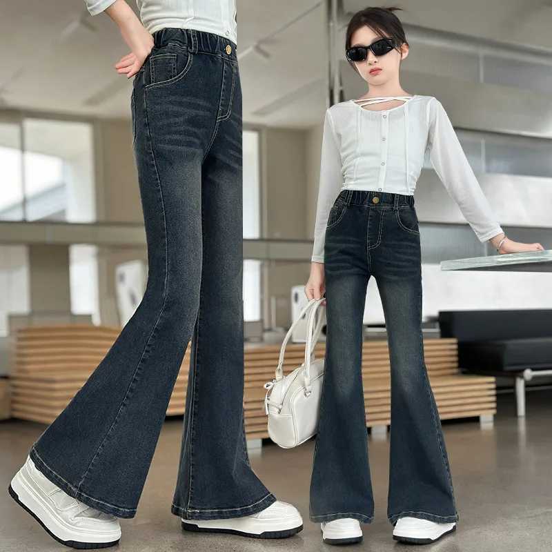 New Trend Childrens High Waist Flared Jeans Girls Black and Blue Boots Tailored Jeans Girls Denim Pants Baby JeansT250326