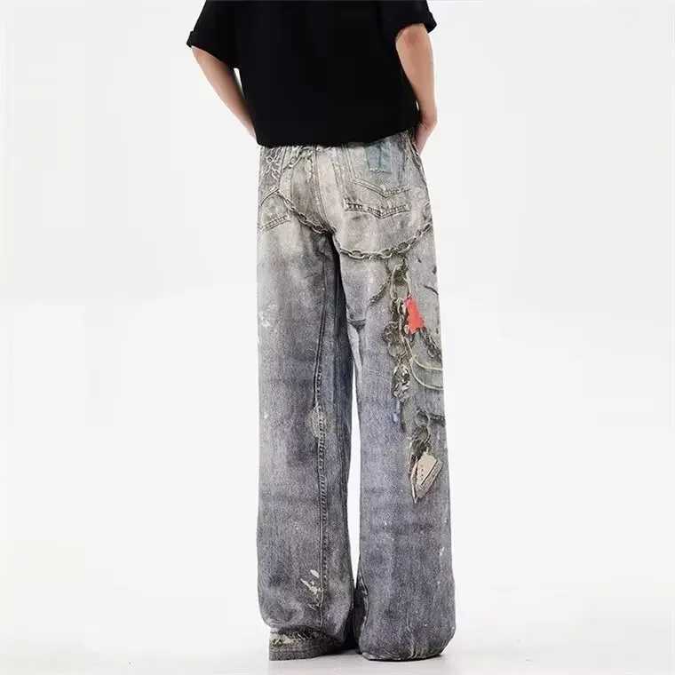 Fashionable straight leg denim jeans mens loose casual style 3D chain pendant printing Distressed Design street fashionT250319